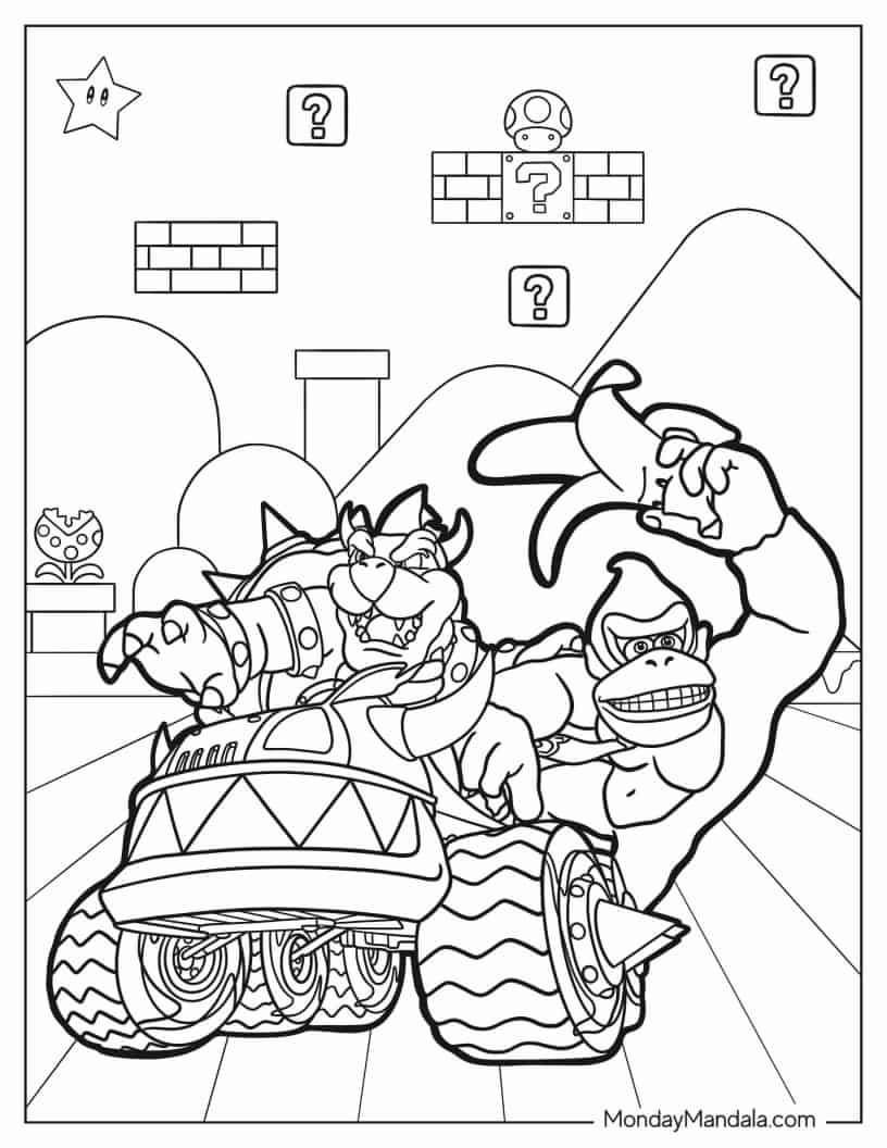 Mario Kart With Bowser And Donkey Kong Racing coloring page