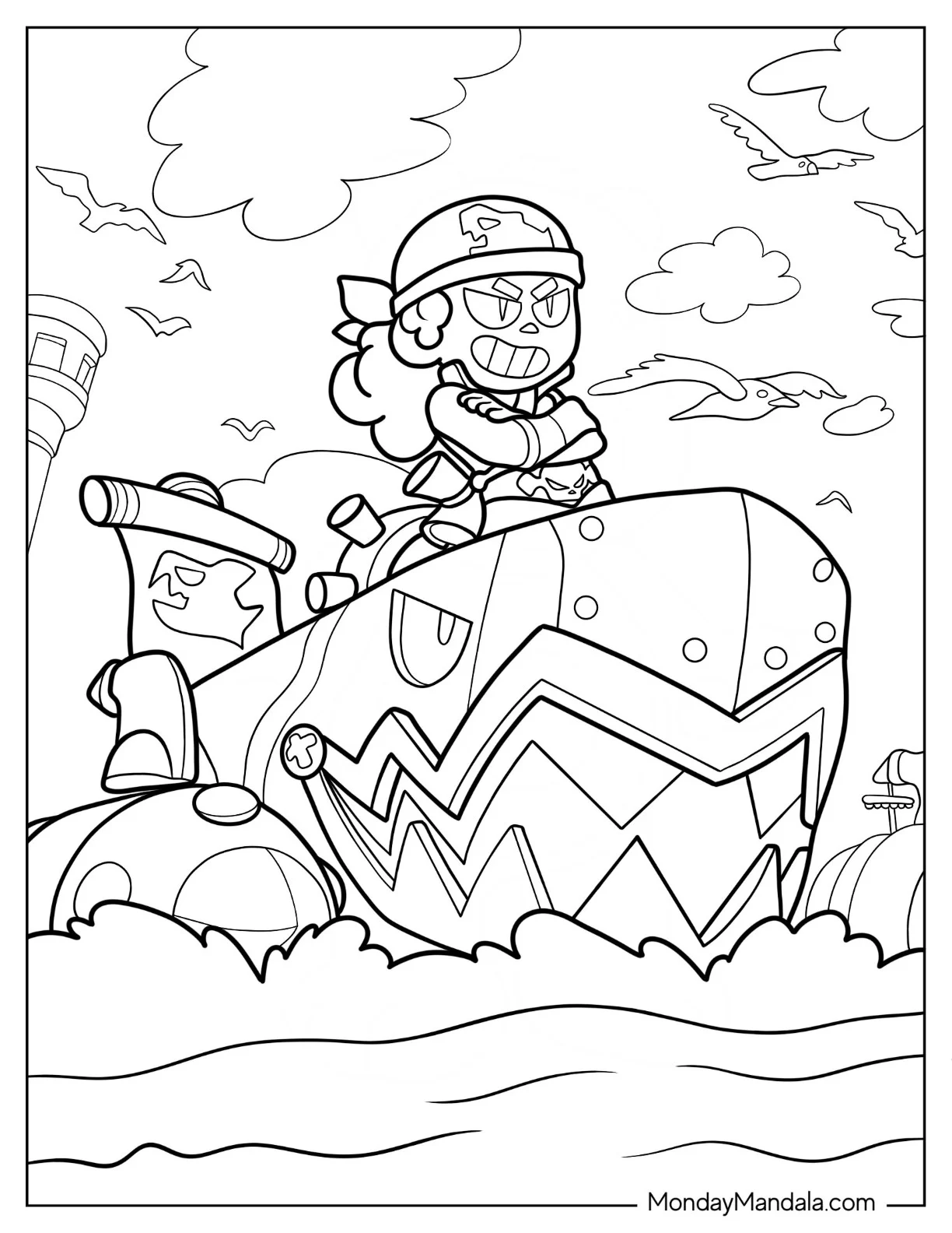 Brawl Stars Coloring Page Of Cursed Pirate On Boat coloring page — printable line art