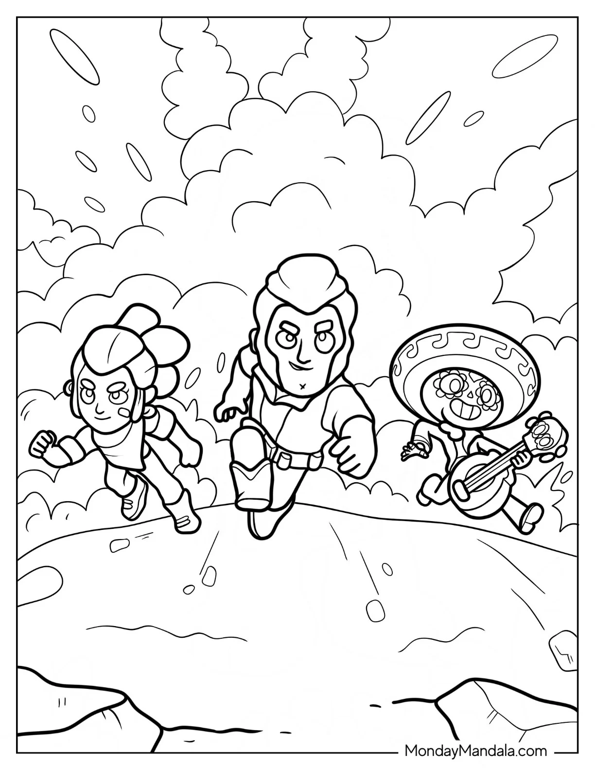 Brawl Stars Coloring Page Of Shelly, Colt, And Poco Running Away From Explosion coloring page