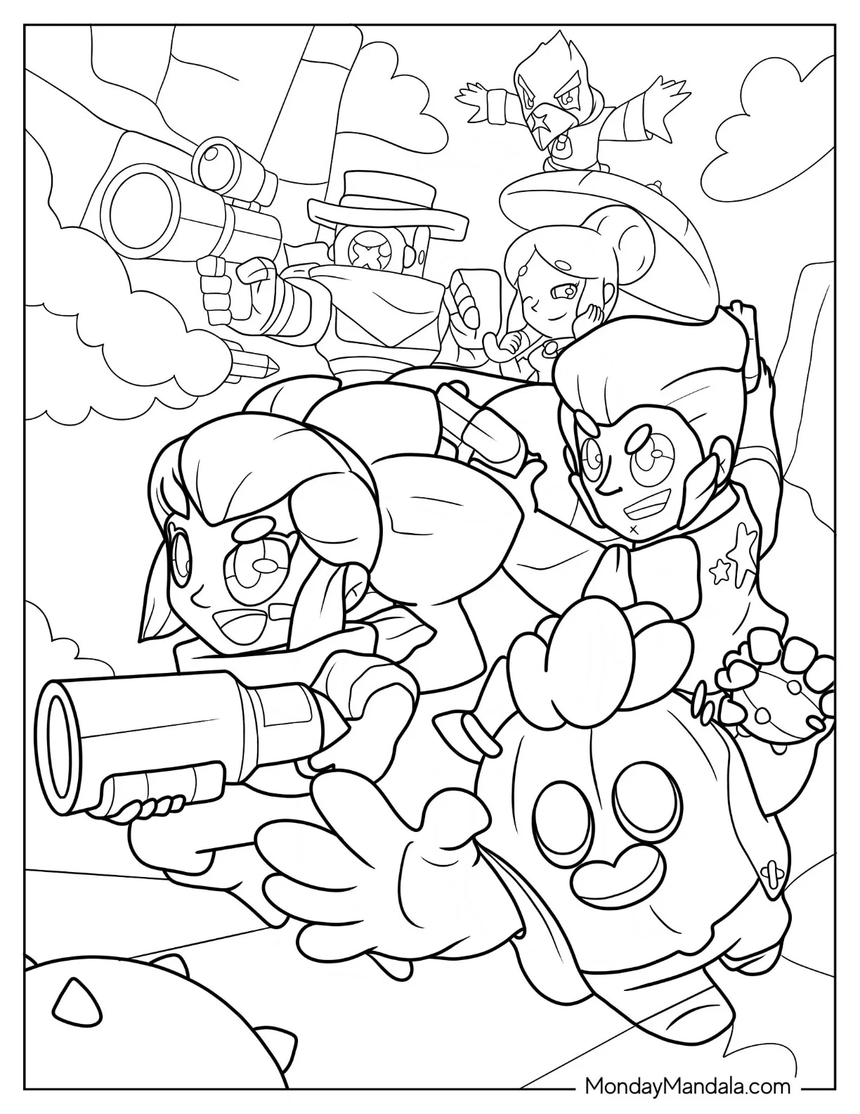 Brawl Stars Coloring Page Of Shelly, Spike, Pam, Piper, Rico, And Crow In A Brawl coloring page