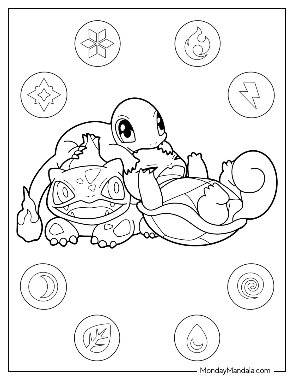 Bulbasaur Coloring Page Playing With Charmander And Squirtle coloring page — printable line art