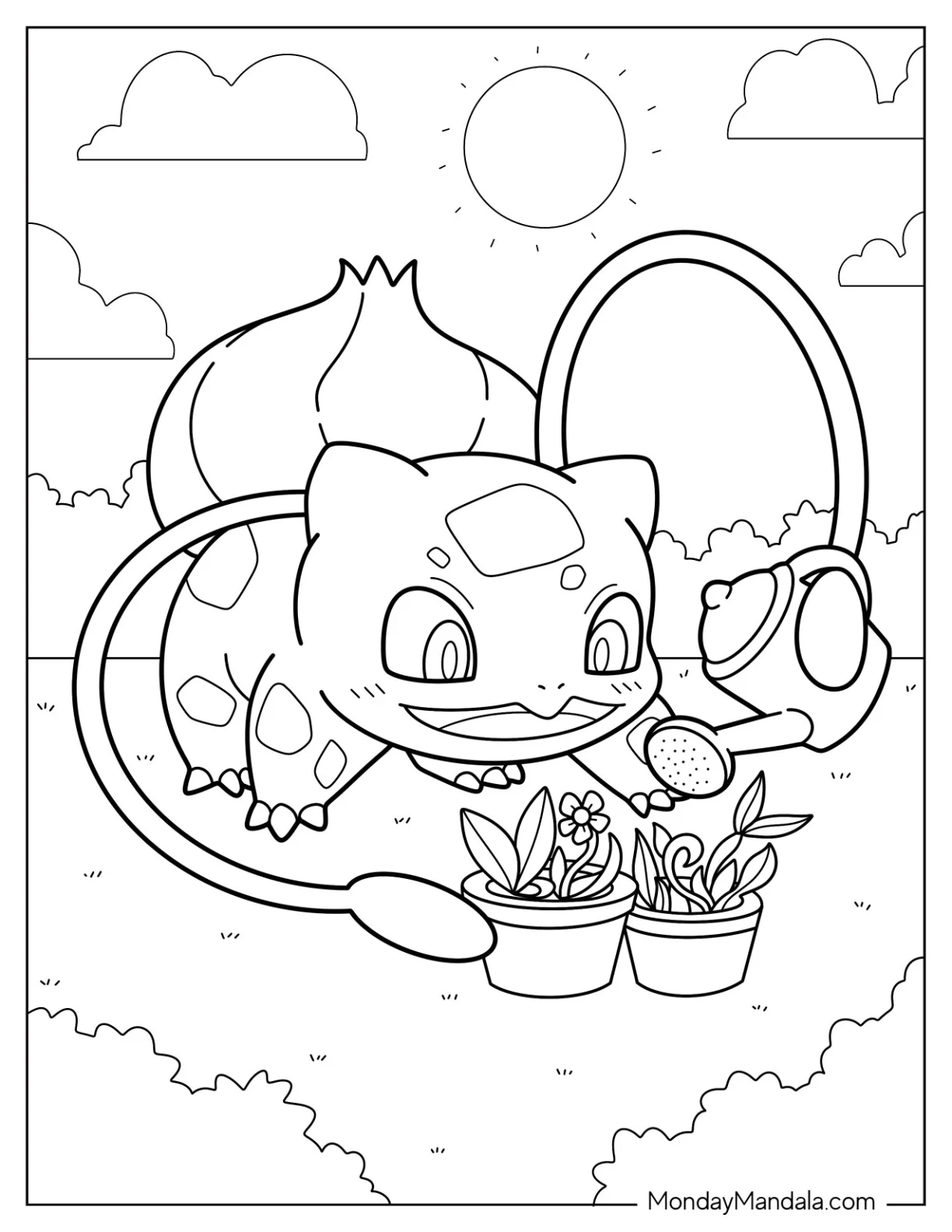 Bulbasaur Coloring Page Watering Flowers coloring page