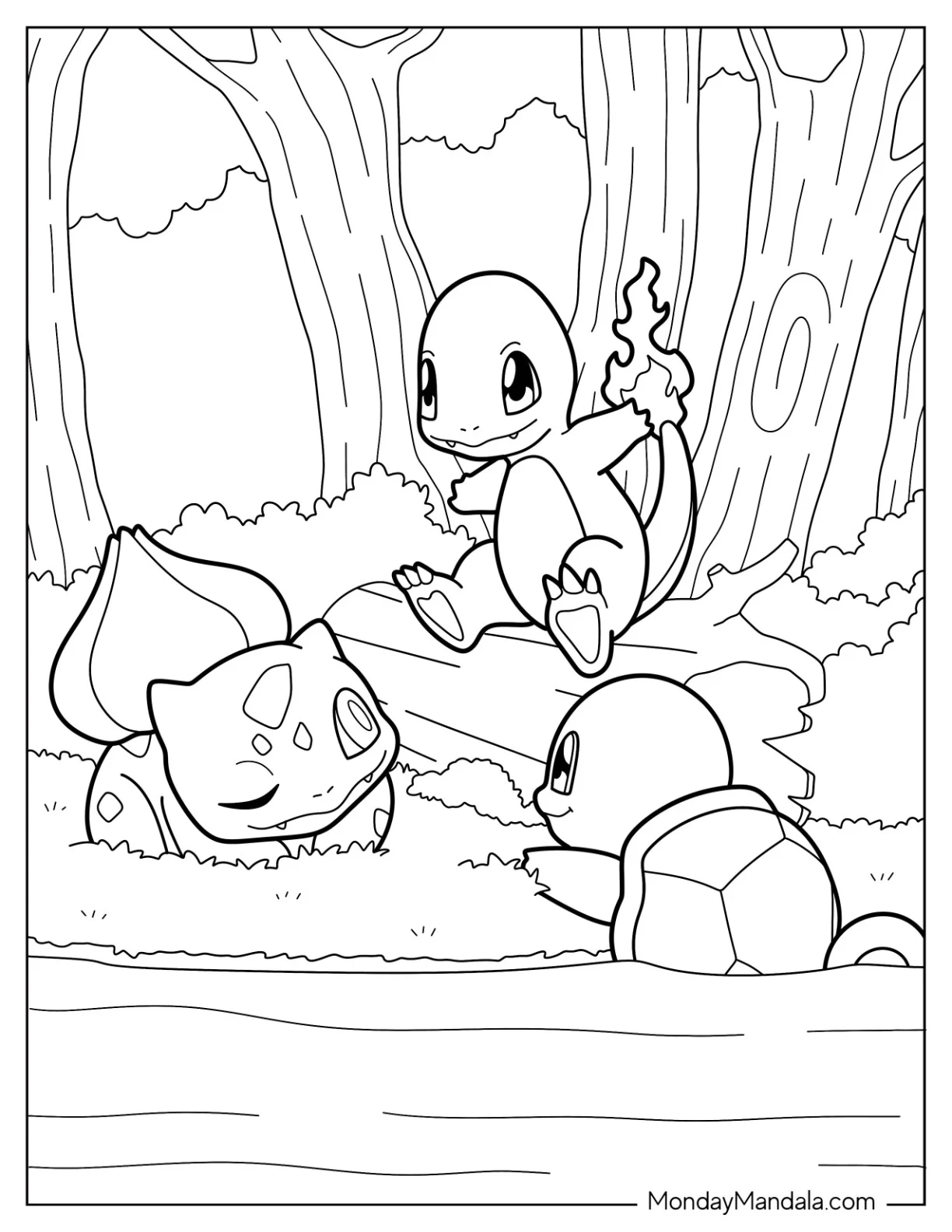 Bulbasaur Coloring Page With Charmander And Squirtle In Forest coloring page