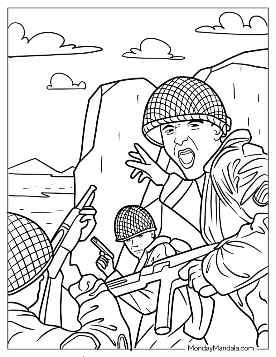 Call Of Duty Coloring Page Of Allied Soldiers Fighting In WWII coloring page
