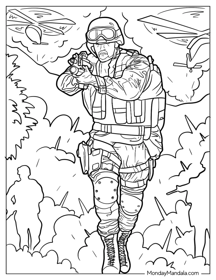 Call Of Duty Coloring Page Of Operator In Jungle With Helicopters coloring page