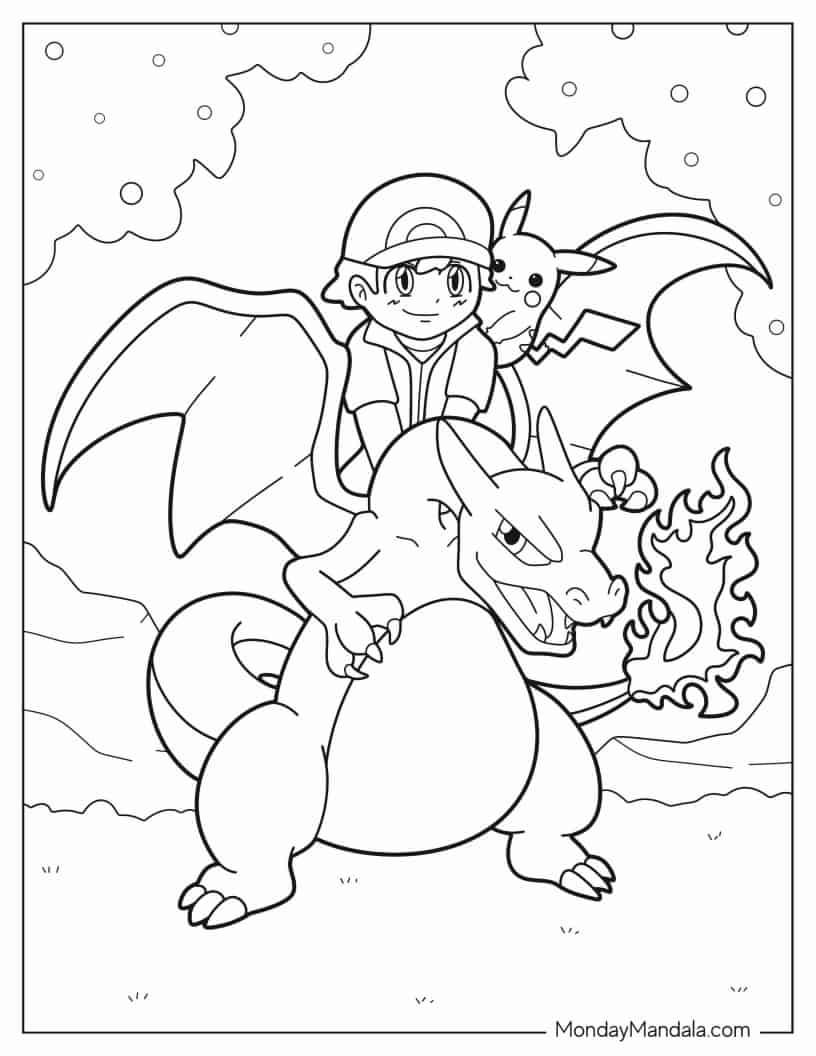 Ash And Pikachu On Charizard_s Back coloring page