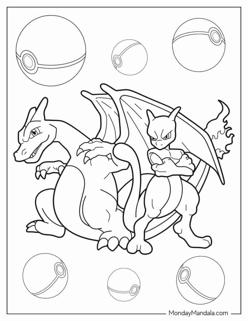 Charizard And Mewtwo Coloring Page coloring page — printable line art