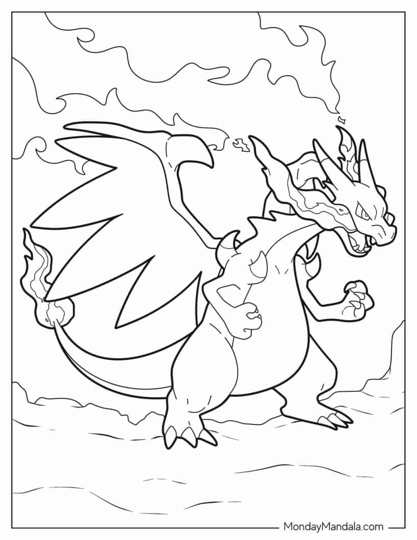 Charizard Breathing Out Fire coloring page — printable line art