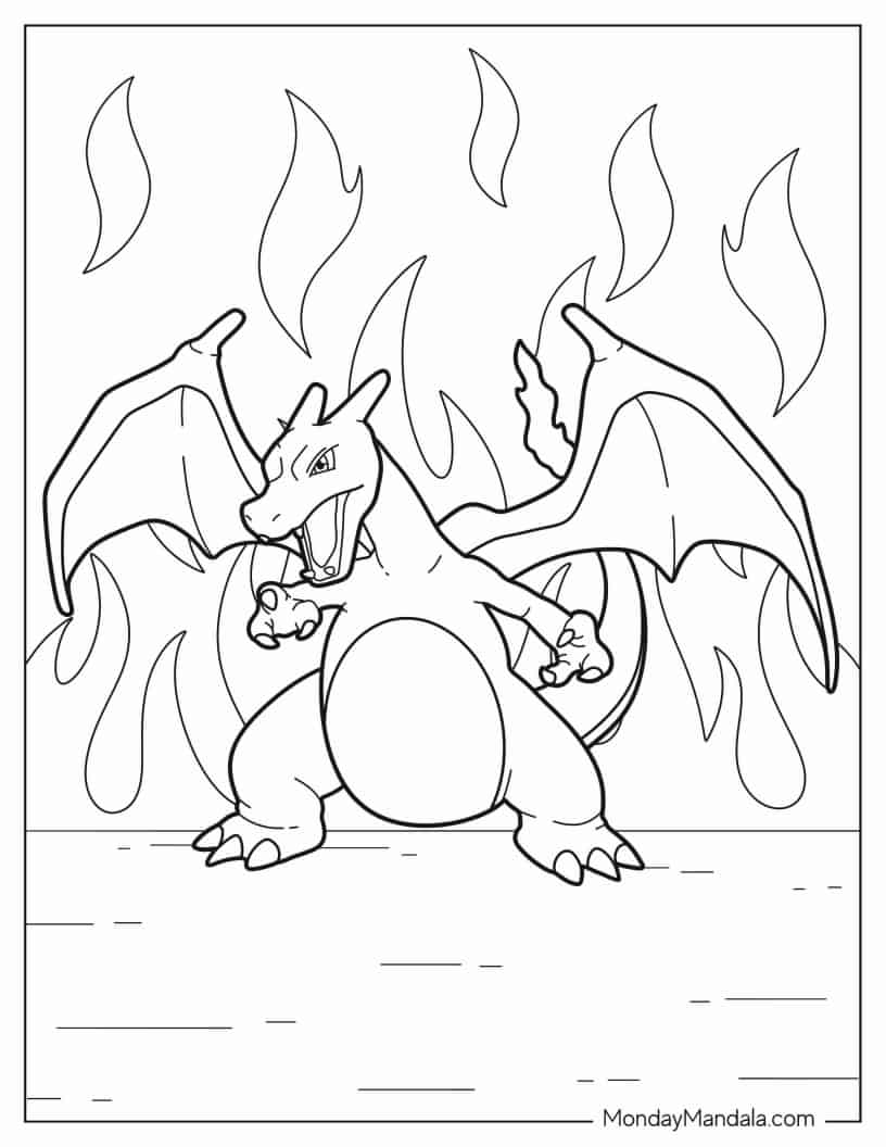 Charizard In The Middle Of Fire Coloring Page coloring page