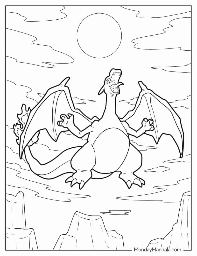 Charizard Roaring In The Sky coloring page — printable line art