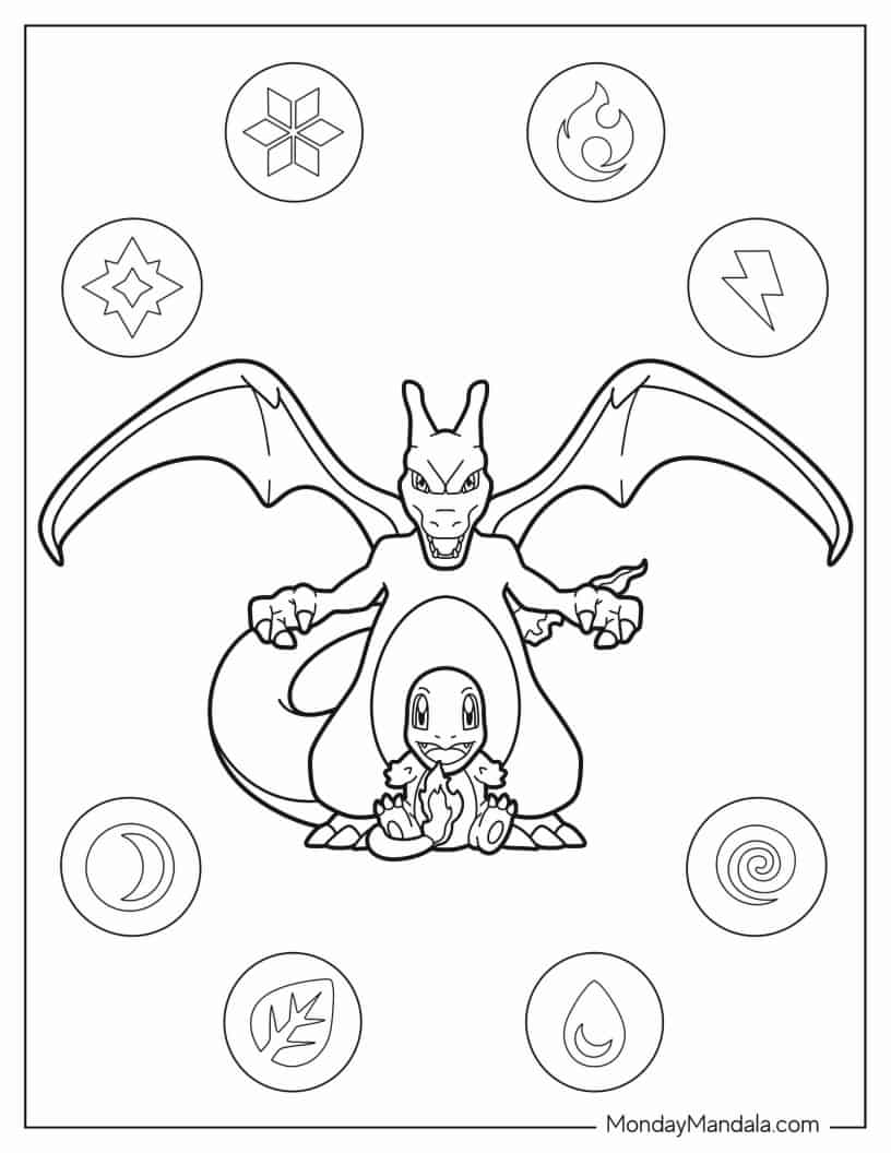 Charizard Standing Behind Charmander coloring page — printable line art