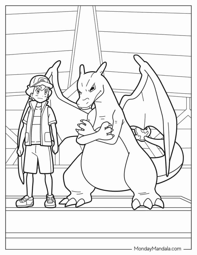 Charizard With Ash Coloring Page For Kids coloring page — printable line art