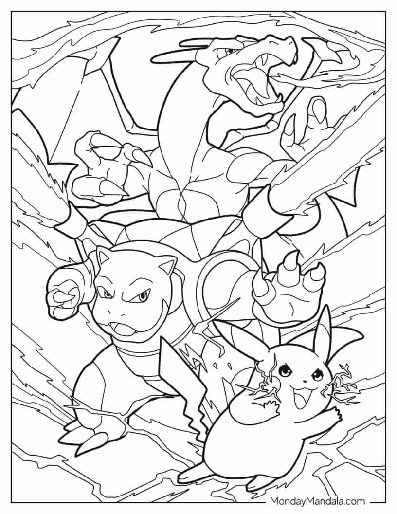 Charizard With Blastoise And Pikachu Coloring Sheet coloring page — printable line art