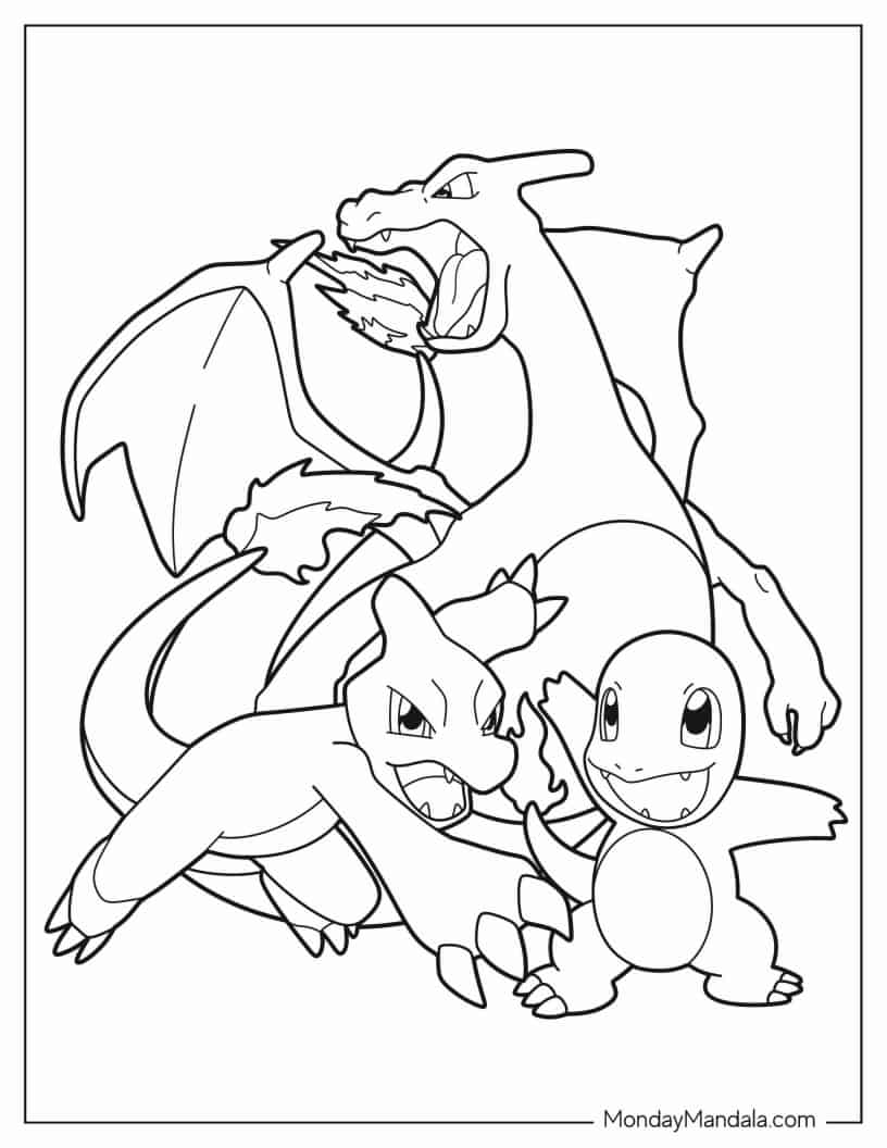 Charmander, Charmeleon, And Charizard Evolution Coloring In coloring page — printable line art