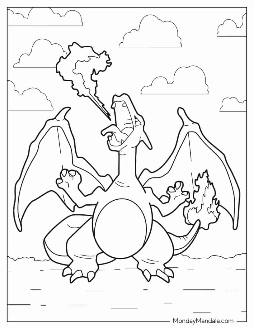 Coloring Page Of Charizard Breathing Fire In The Sky coloring page — printable line art