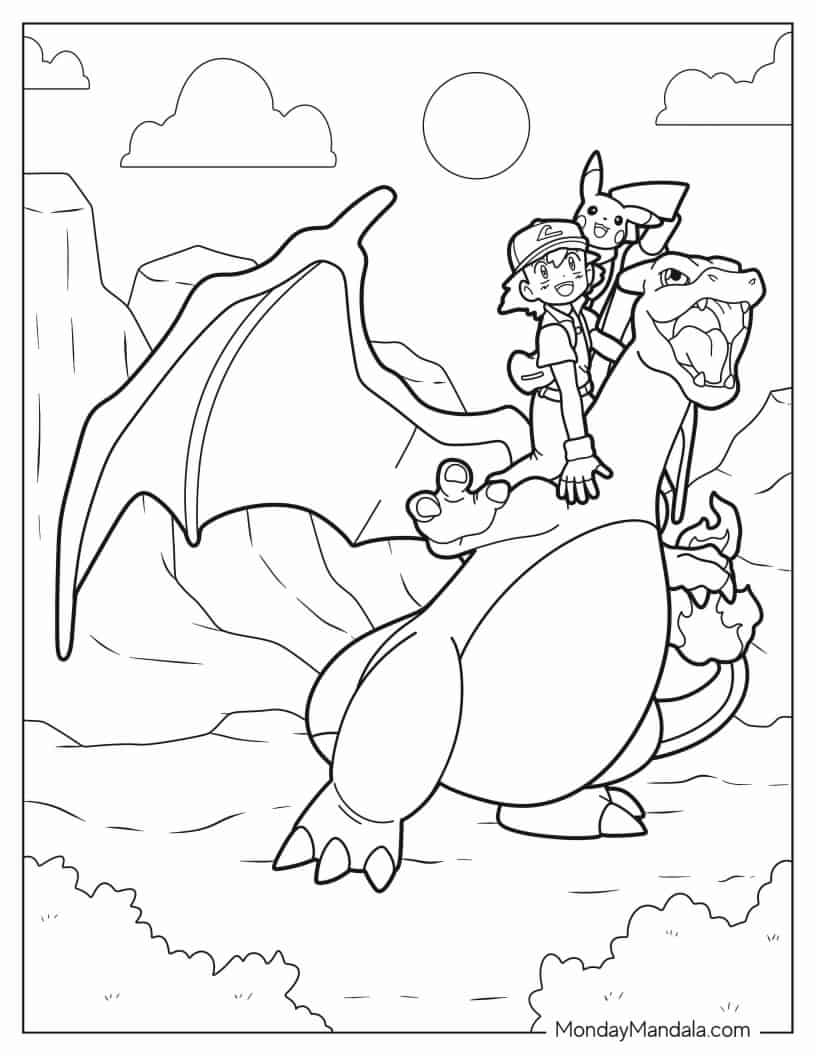 Coloring Sheet Of Ash And PIkachu Riding Charizard coloring page