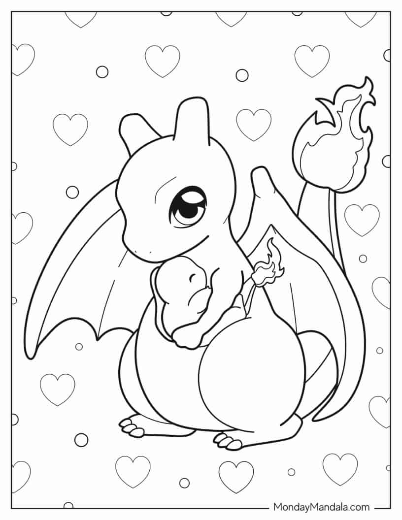 Kawaii Charizard Holding Baby Charmander coloring page