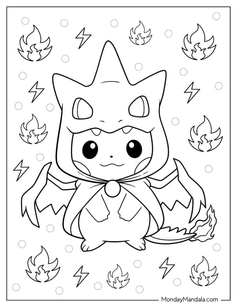 Kawaii Pikachu In Charizard Costume coloring page