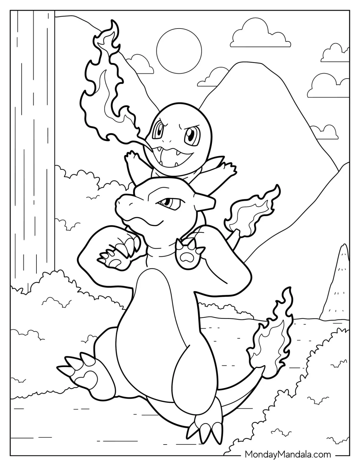 Charmander Coloring Page Sitting On Charmeleon's Shoulders coloring page