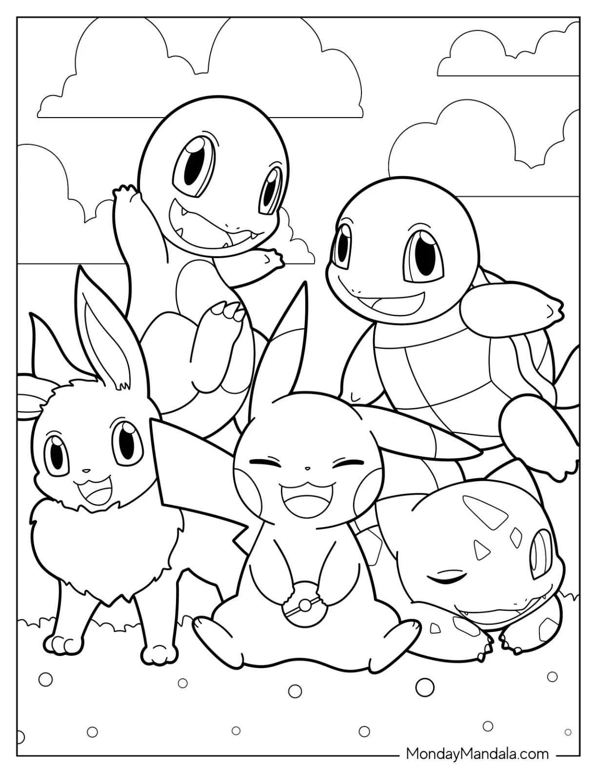 Charmander Coloring Page With Eevee, Pikachu, Squirtle, And Bulbasaur coloring page