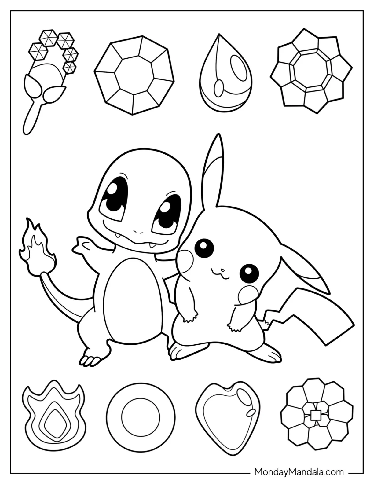 Chibi Charmander Coloring Page With Pikachu coloring page — printable line art