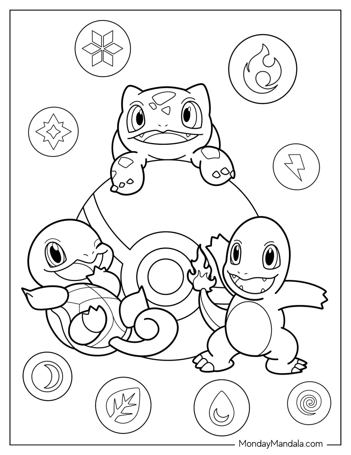 Cute Bulbasaur, Squirtle, And Charmander Coloring Page On Pokeball coloring page