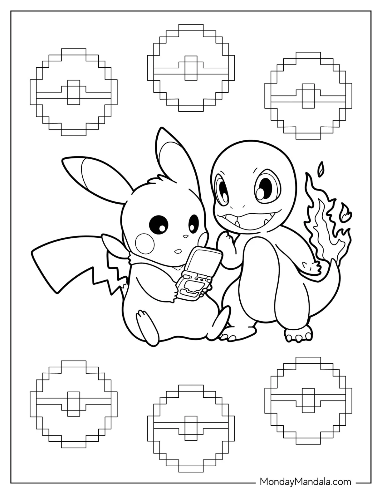 Kawaii Charmander Coloring Page And Pikachu Playing Video Game coloring page