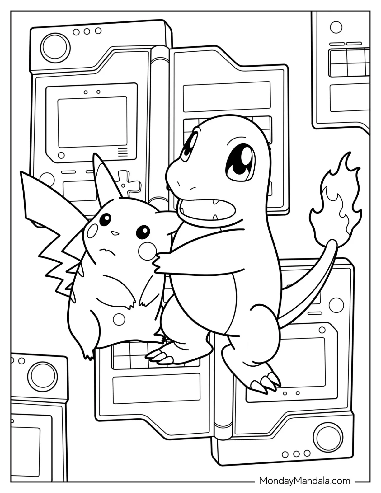 Pikachu Shielded By Charmander Coloring Page coloring page