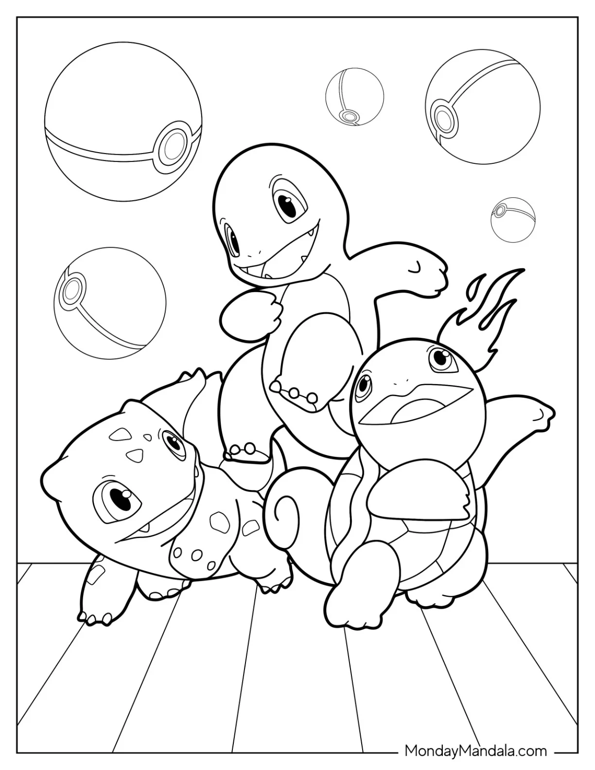 Squirtle, Bulbasaur, And Charmander Coloring Page Playing Together coloring page