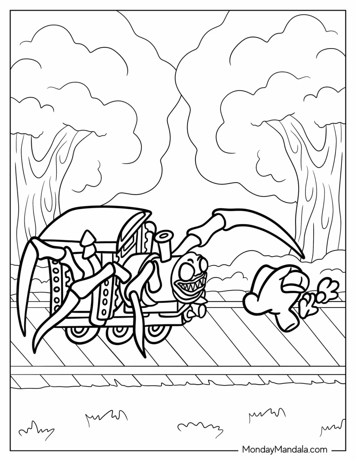Chibi Choo Choo Charles Coloring Page Reaching For Crewmate For Kids coloring page — printable line art