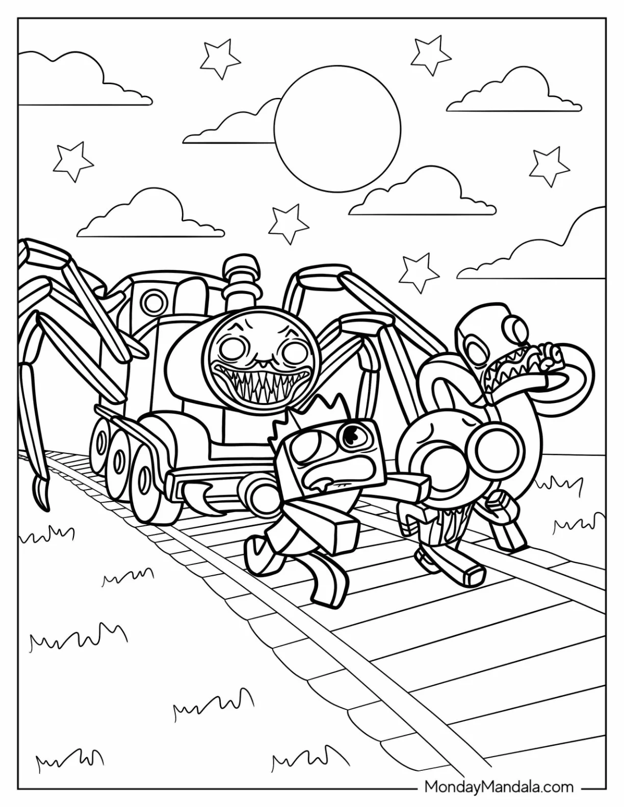 Choo Choo Charles Coloring Page Chasing Rainbow Friends coloring page — printable line art