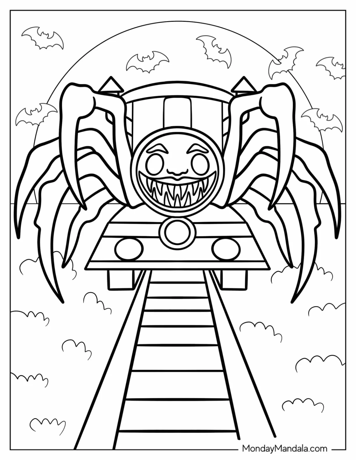 Choo Choo Charles Coloring Page On The Rail Tracks With Bats coloring page — printable line art