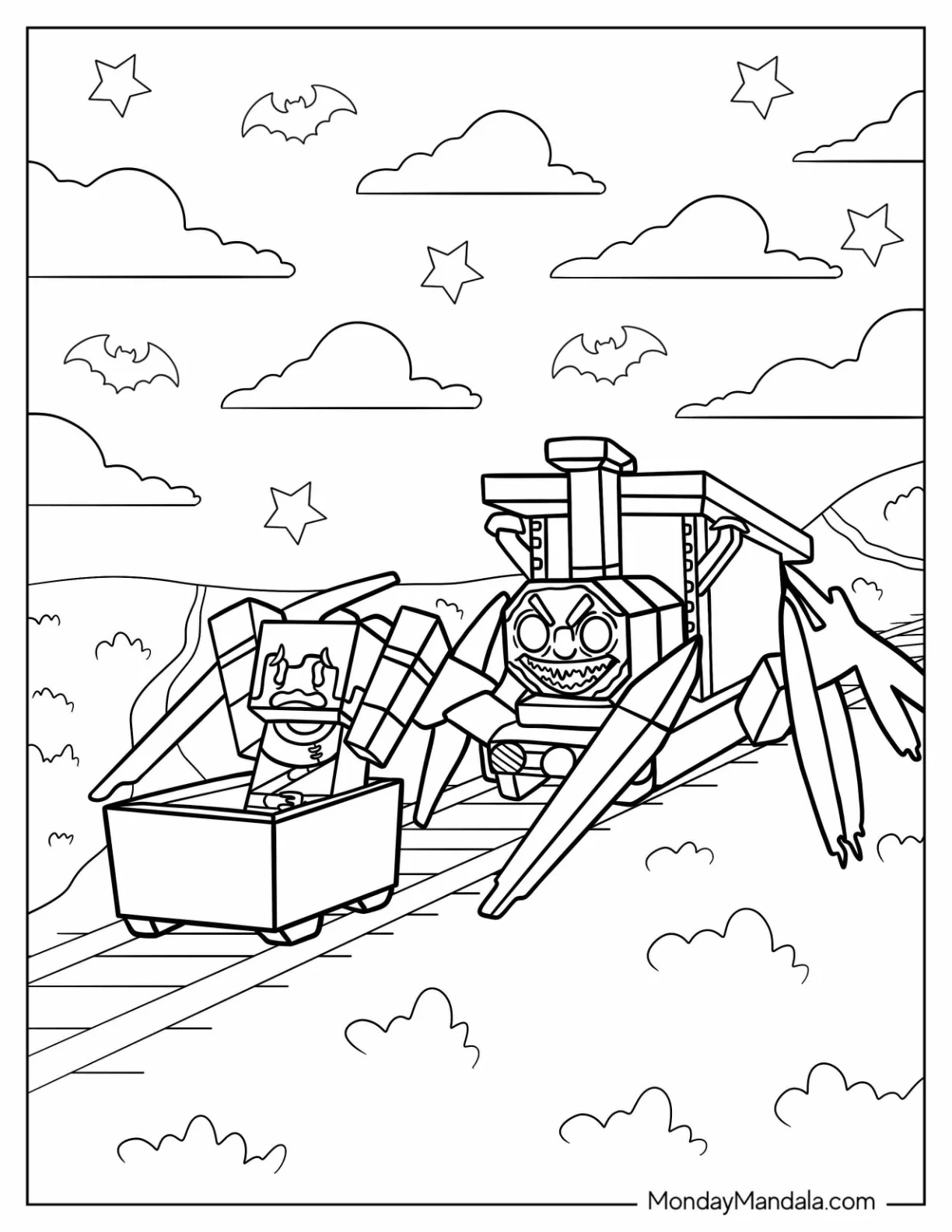 Minecraft Choo Choo Charles Coloring Page Chasing Someone On The Rail Tracks coloring page