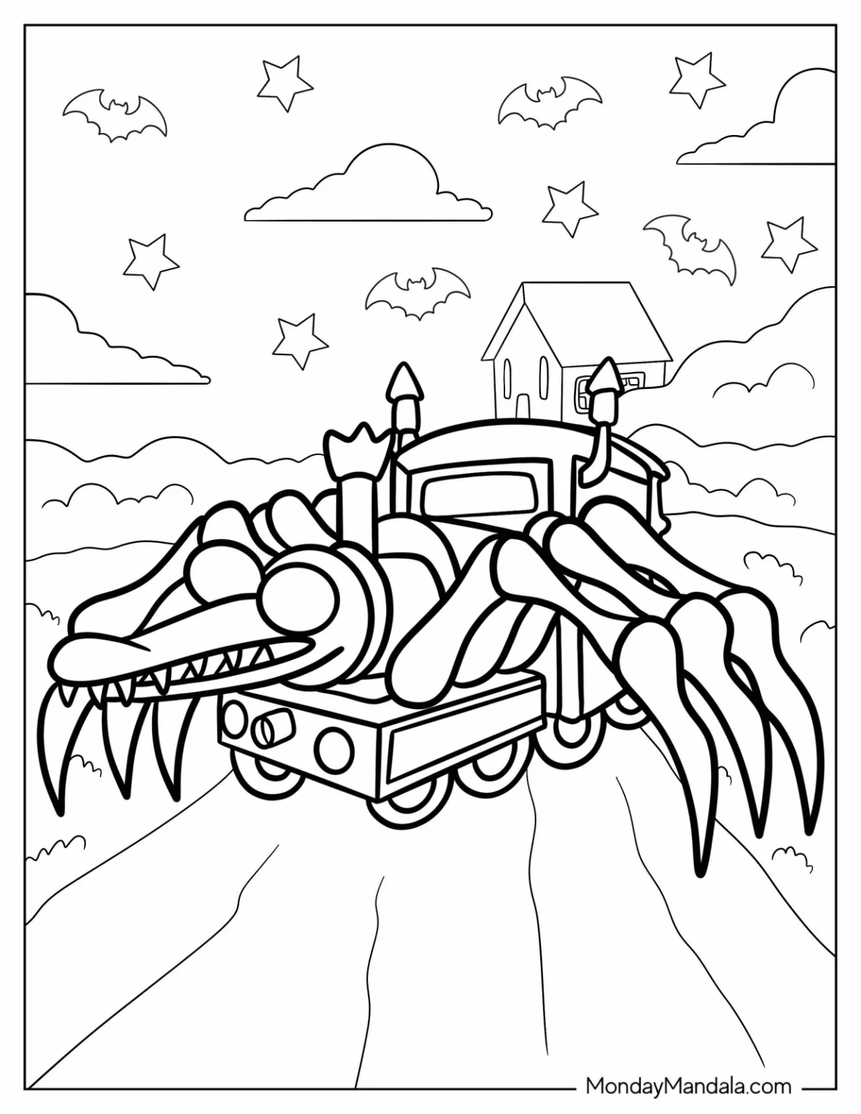 Rainbow Friends Turns Into Choo Choo Charles Coloring Page coloring page