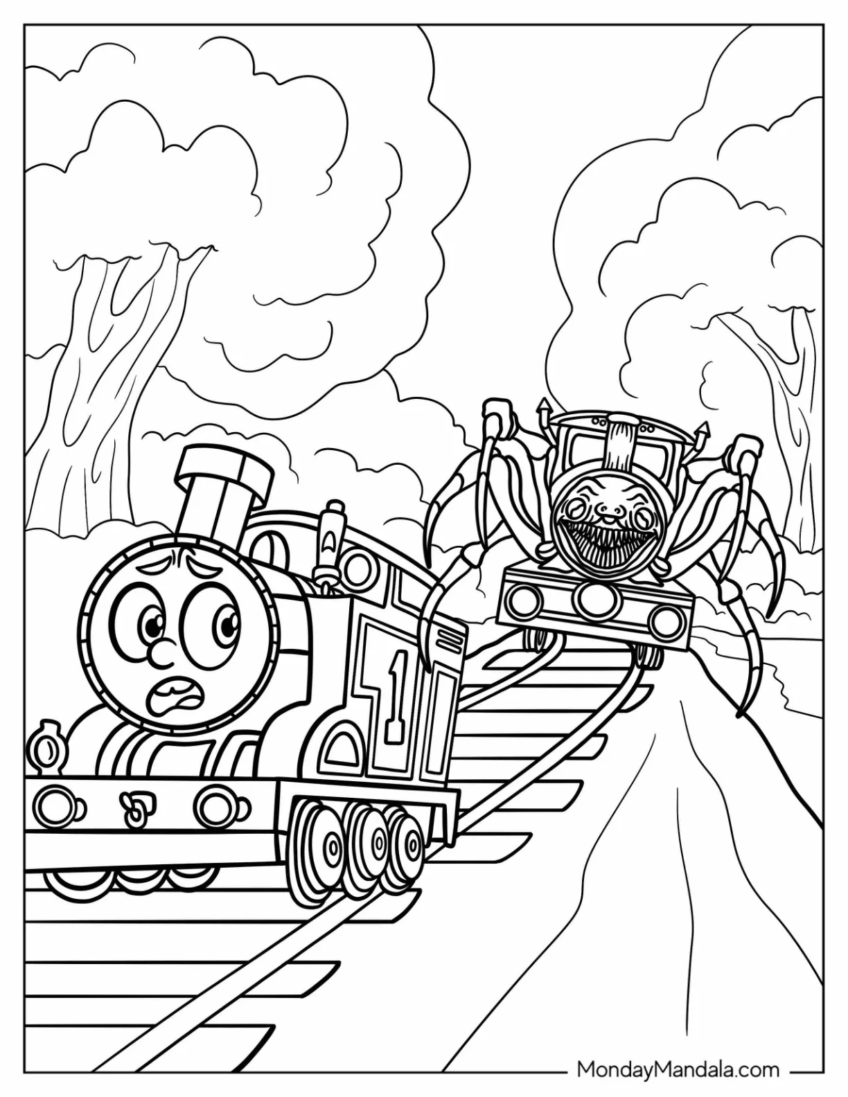 Scary Choo Choo Charles Coloring Page Chasing Thomas coloring page