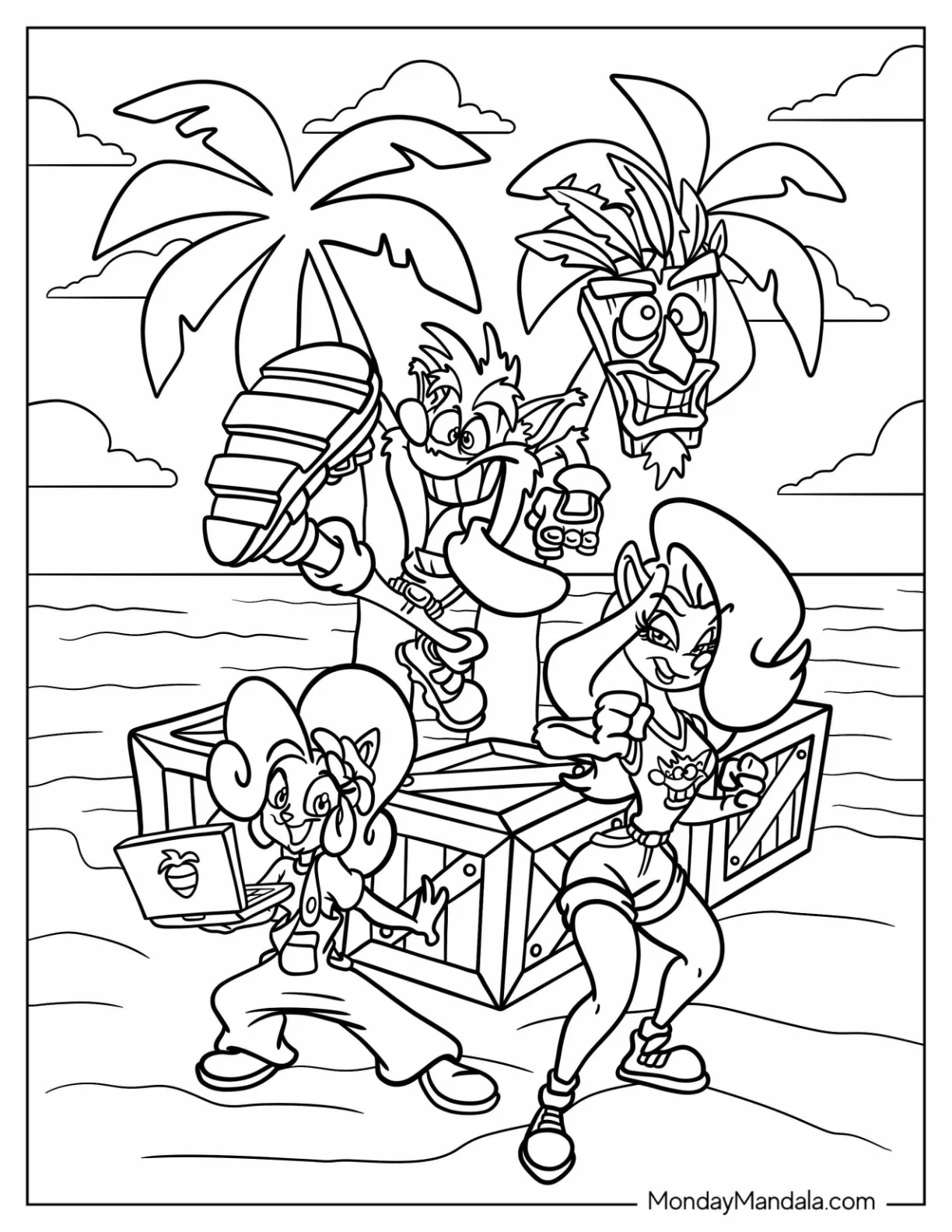 Crash Bandicoot Coloring Page Of Aku Aku, Coco, And Tawna In Wumpa Island coloring page