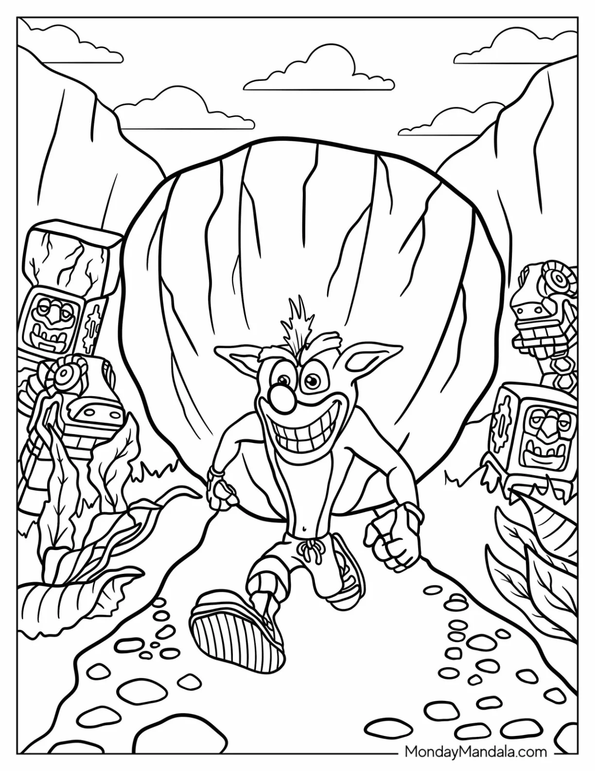 Crash Bandicoot Coloring Page Of Running Away From A Boulder coloring page