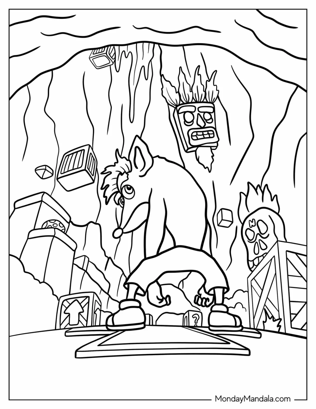 Crash Bandicoot Coloring Page Of Serious Crash Bandicoot With Aku Aku And Crate Boxes coloring page