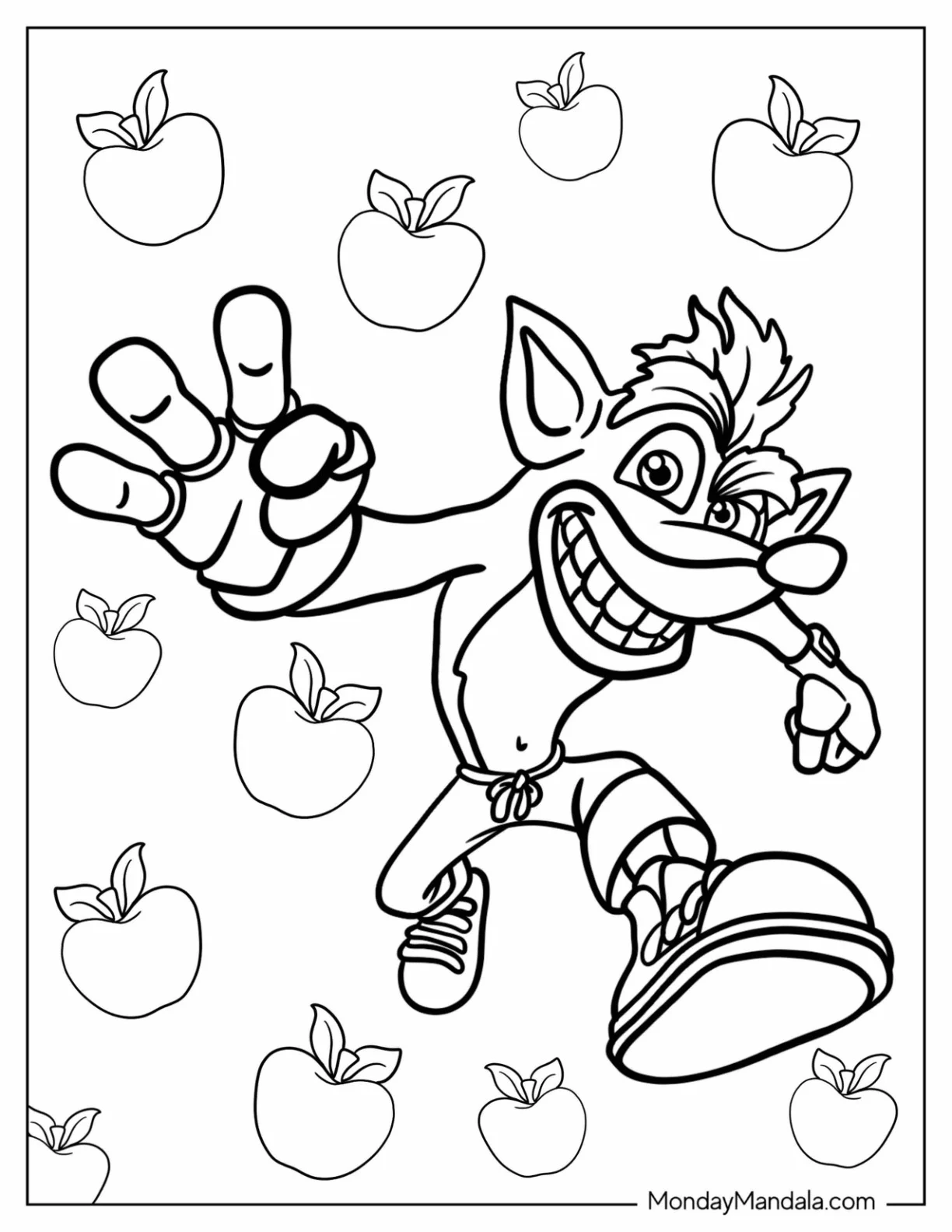 Crash Bandicoot Coloring Page Of Surrounded By Wumpa Fruits coloring page — printable line art