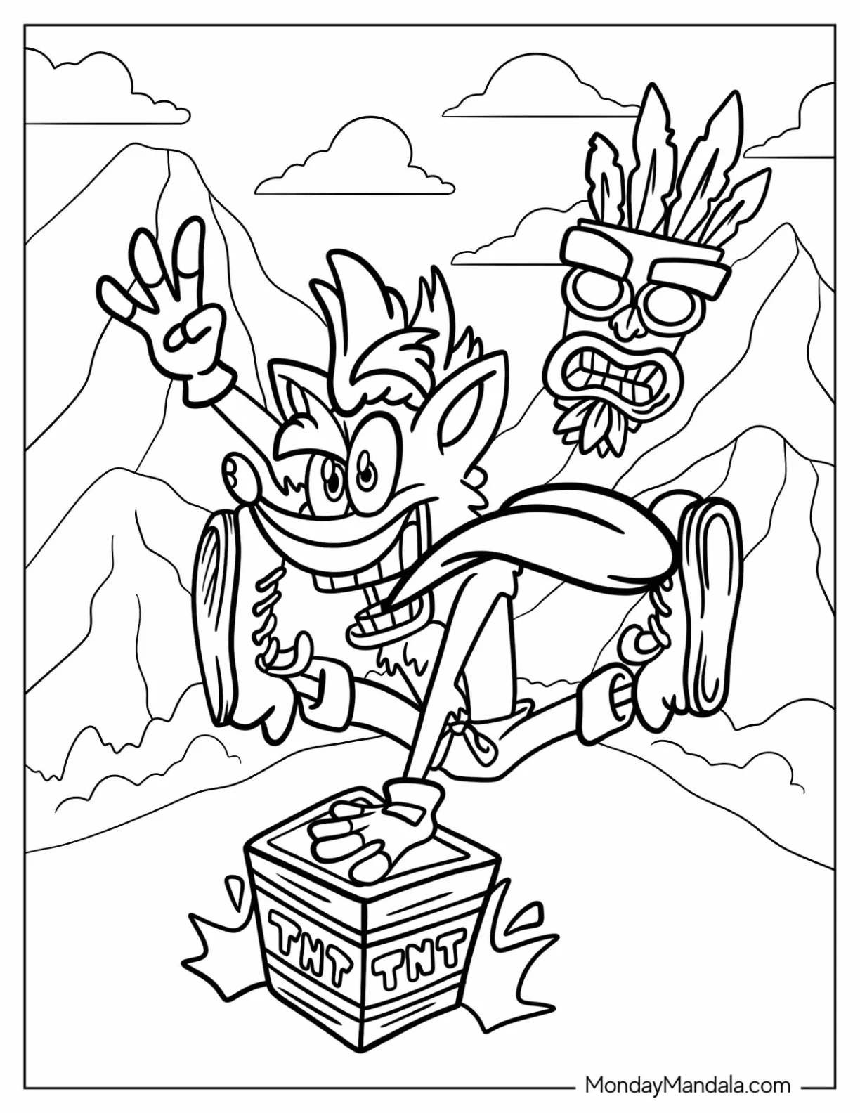 Crash Bandicoot Jumping Over TNT Box With Aku Aku coloring page