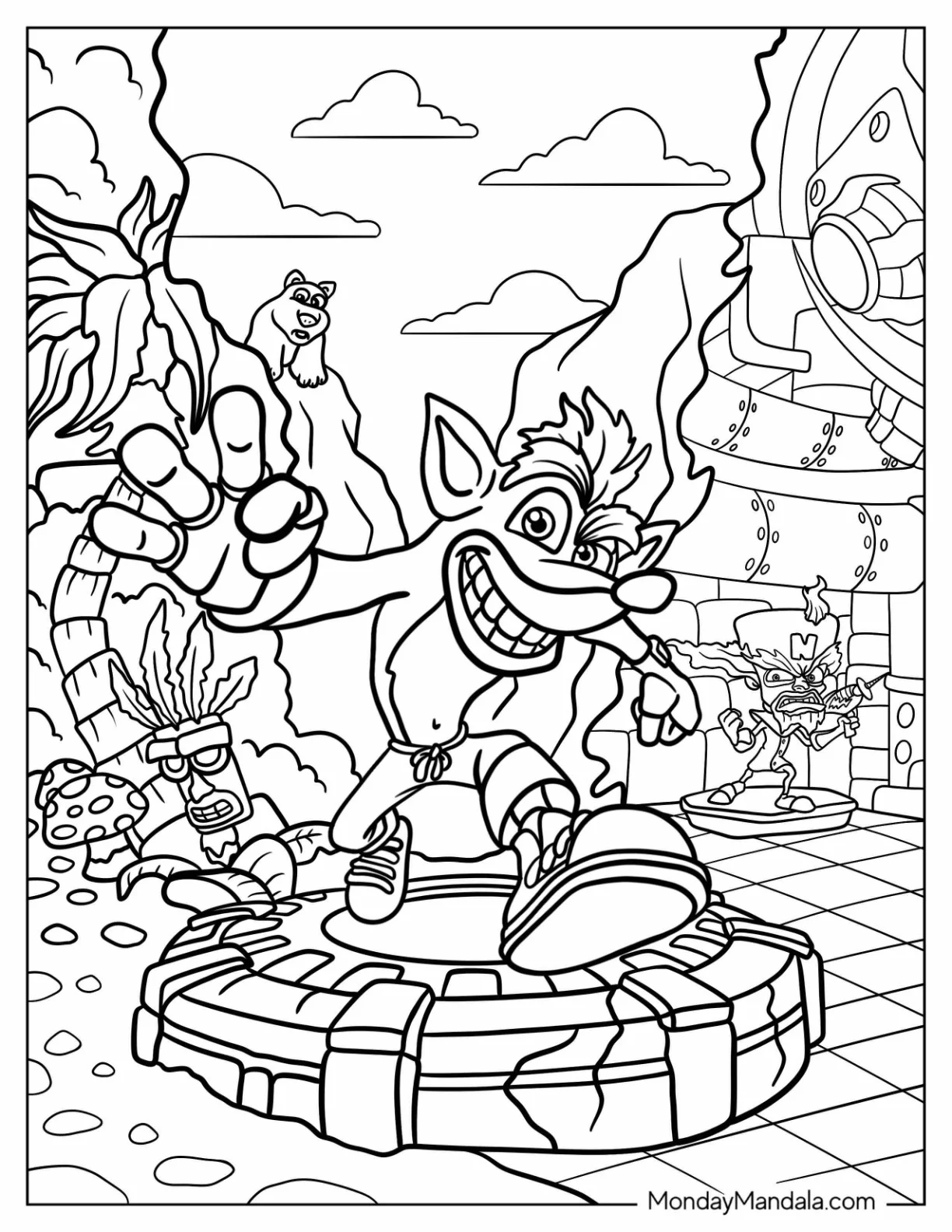 Crash Bandicoot On Top Of Bank Portal Coloring Sheet For Kids coloring page — printable line art
