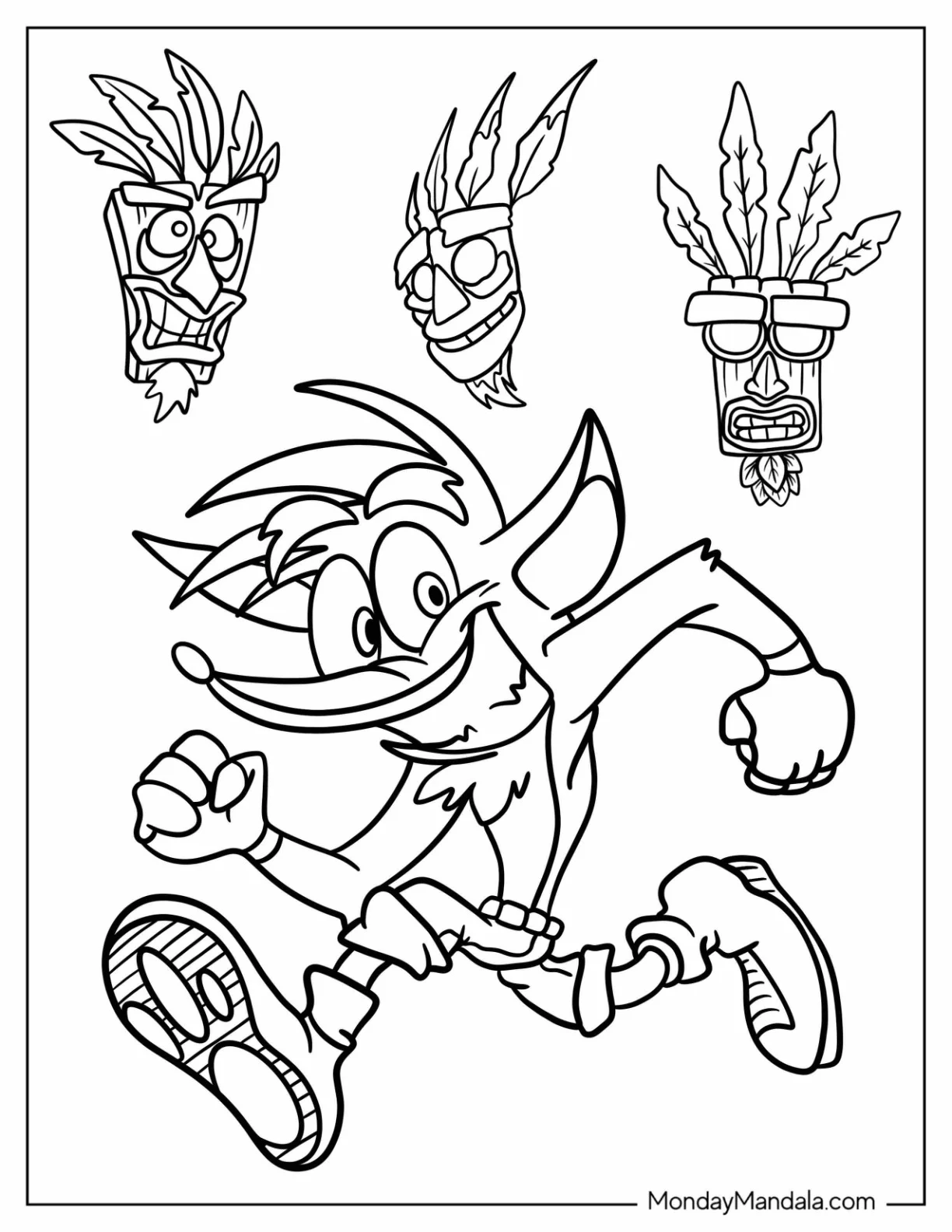 Cute Crash Bandicoot Coloring Page Of Running With Aku Aku coloring page — printable line art