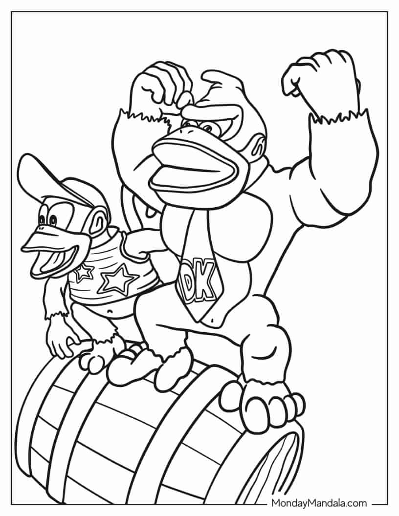 Angry Looking Donkey Kong Standing On Barrel coloring page