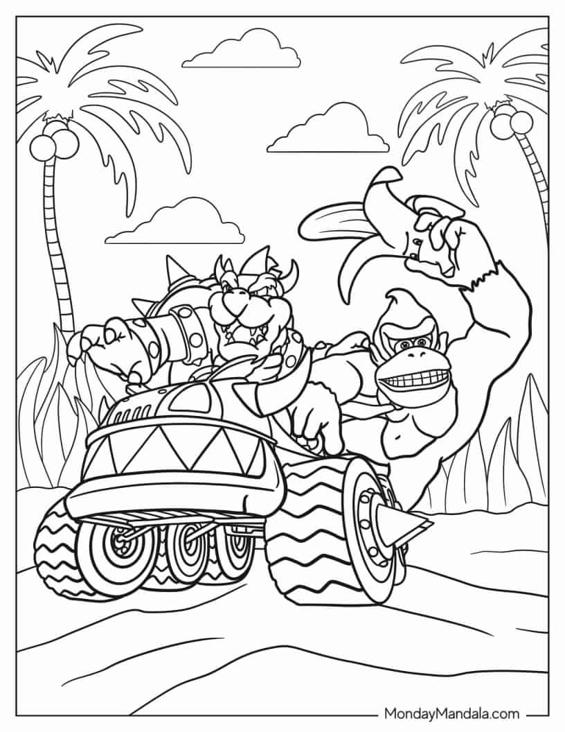 Donkey Kong And Bowser Racing In Mario Kart coloring page