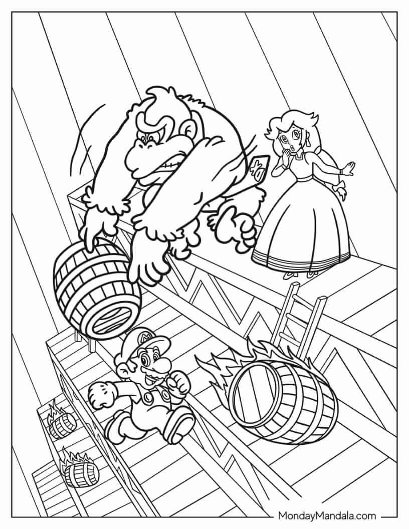 Donkey Kong Throwing Barrels At Super Mario To Color coloring page