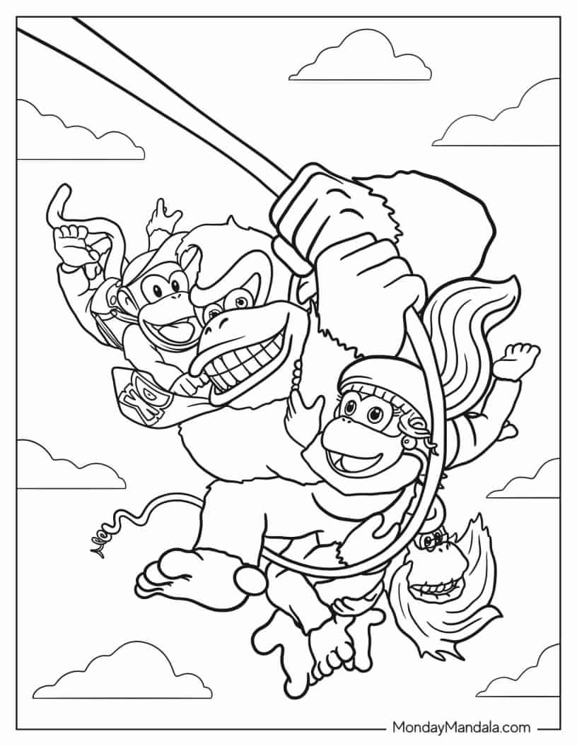 Donkey Kong With Dixie, Diddy And Old Man Kong coloring page