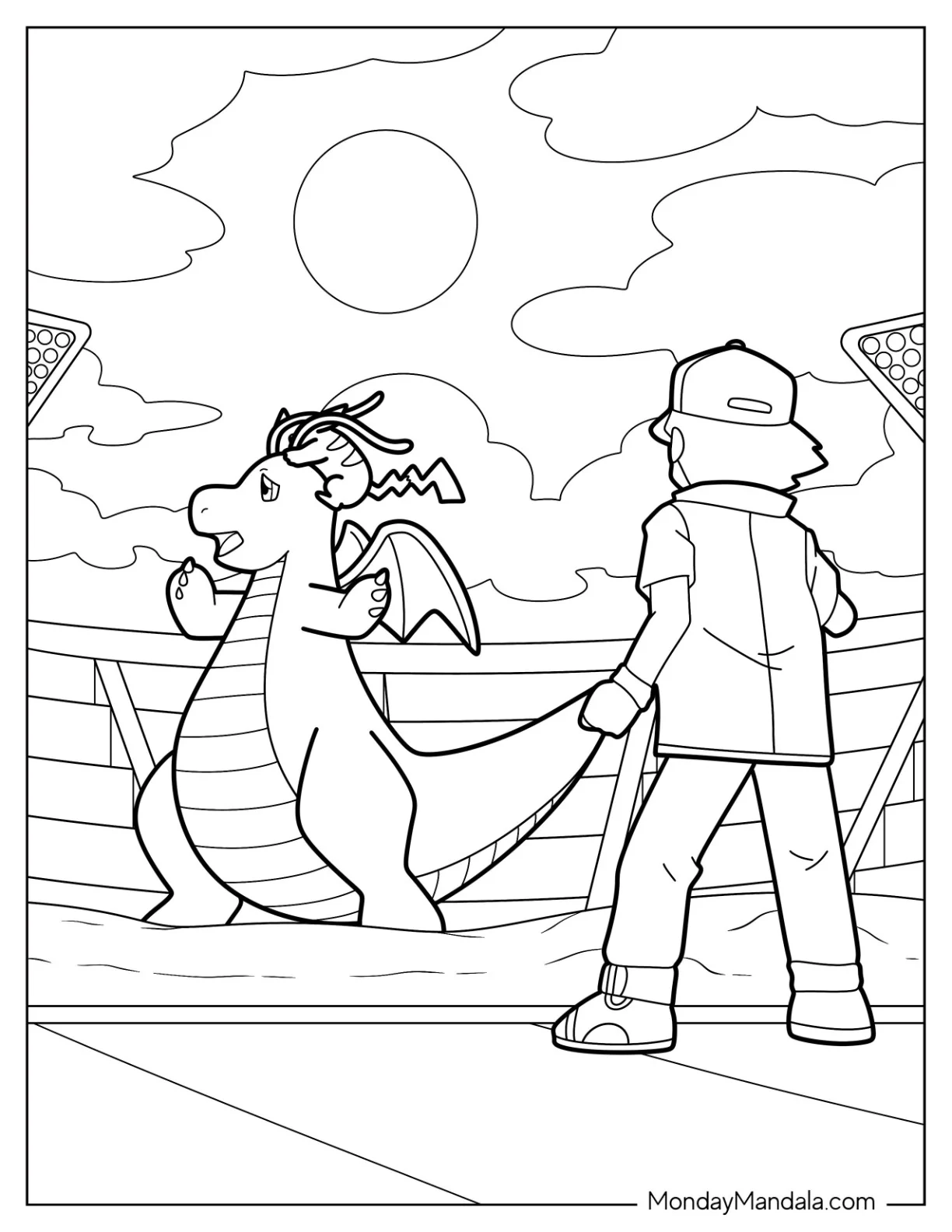 Ash Ketchum, Pikachu, And Dragonite Coloring Page In Pokemon Battle Stadium coloring page