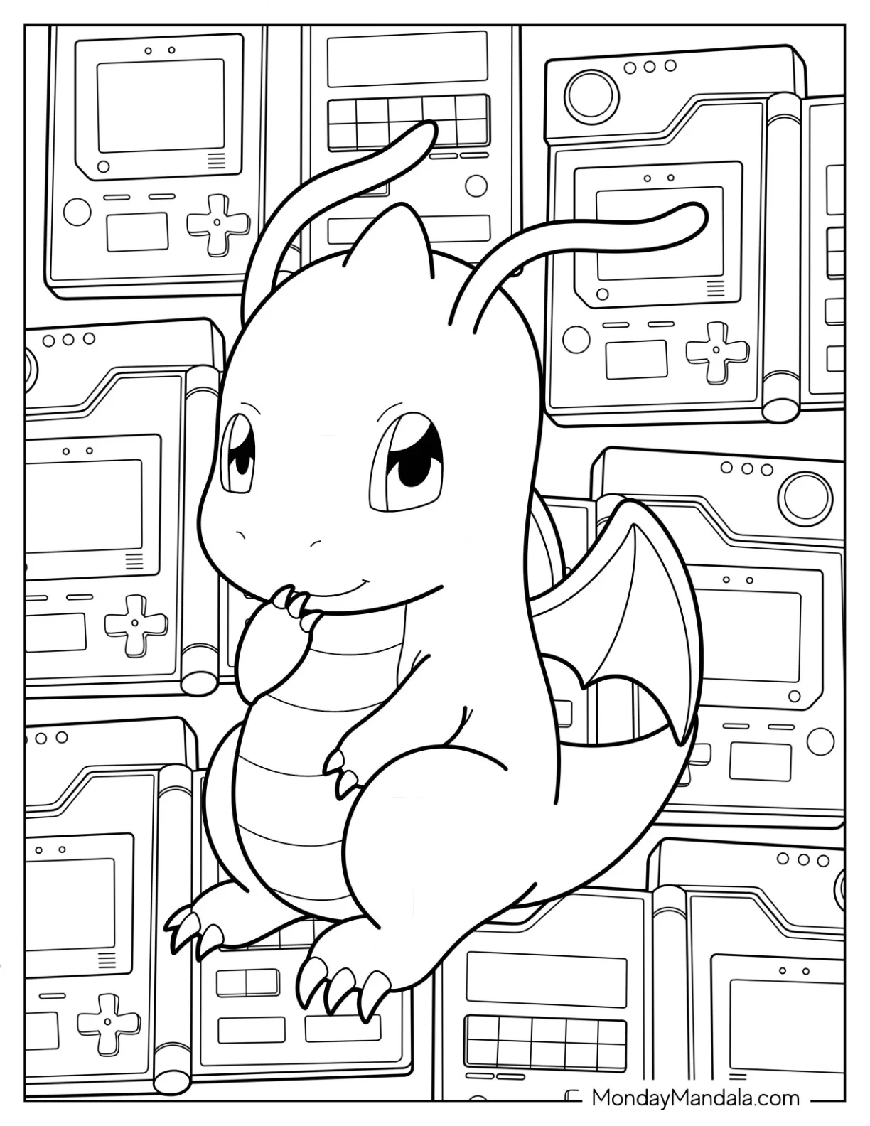 Chibi Dragonite Coloring Page With Gaming Consoles In The Background coloring page