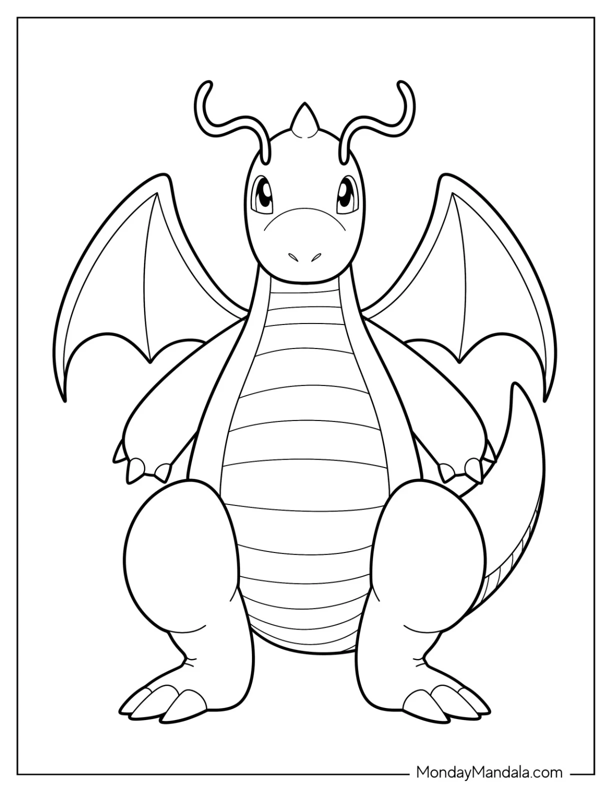 Cute Dragonite Coloring Page With Wings Spread For Kids coloring page — printable line art