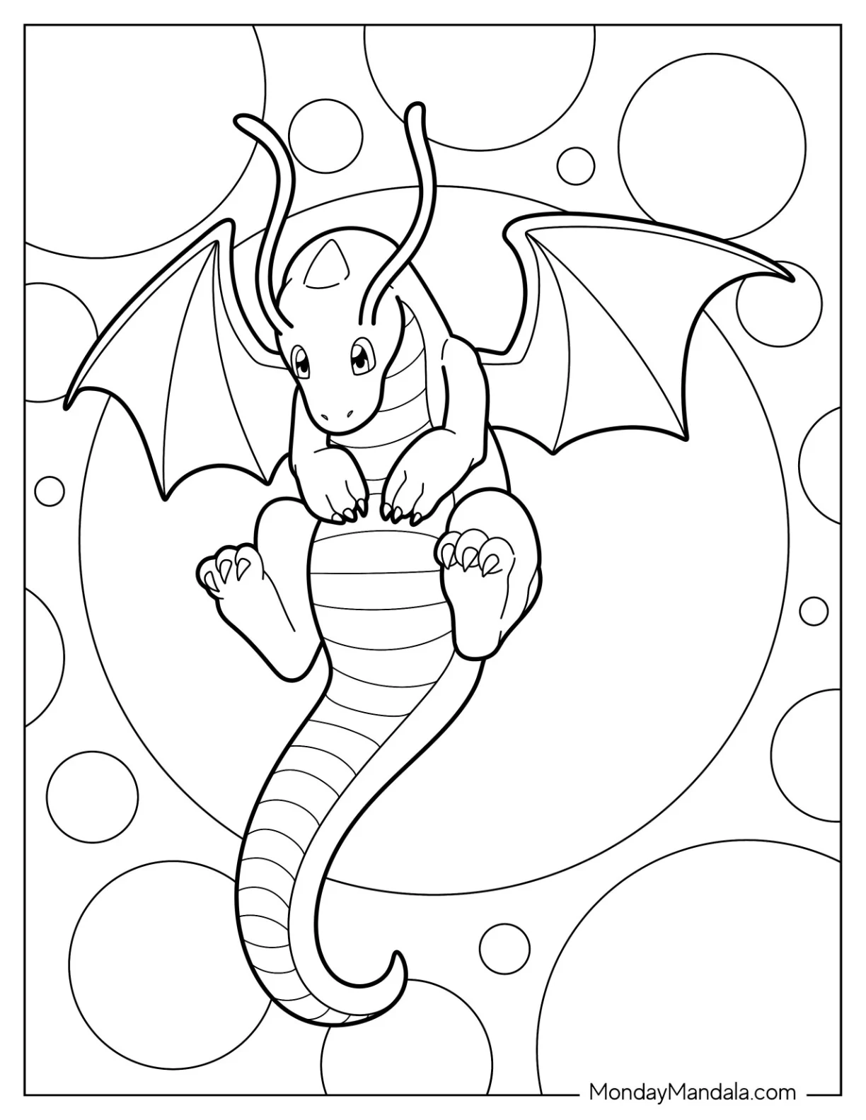 Dragonite Coloring Page Flying With Polka Dot Background coloring page